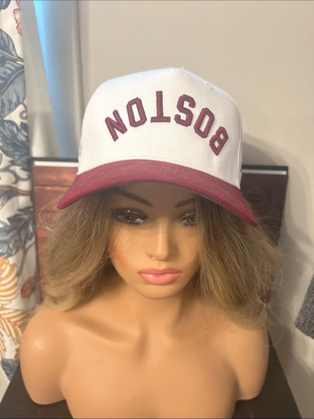 Unique Upside down Boston Two-Tone Baseball Cap - White & Maroon